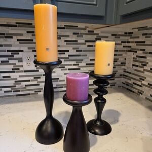 PartyLite Black Holders with Orange, Yellow, and Purple Candles